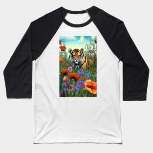 Cool tiger in a field of wildflowers and poppies - Exotic Tiger Baseball T-Shirt